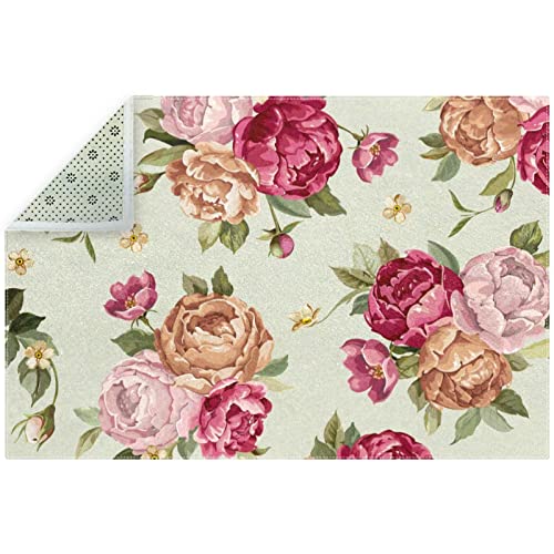 Maschinenwaschbarer Teppich Rutschfester Teppich für Waschküche, Badezimmer, Waschraum,Rosa Rosen...