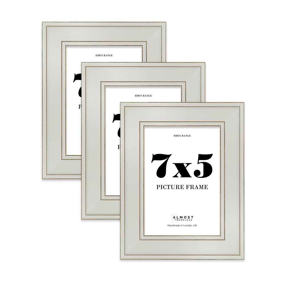 7x5 Light Grey Picture Frame - Shabby Chic Photo Frame with Distressed Finish, Gold Trim, Wall Hooks and Kickstand, 37mm Edge - 3 Pack