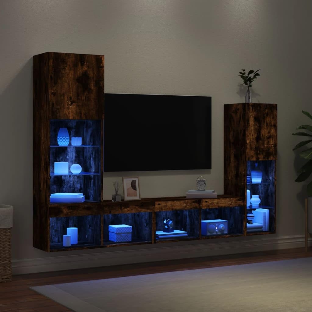 4-częściowy zestaw mebli TV z LED RGB, przydymiony dąb, ścienna szafka RTV z dużą ilością miejsca do przechowywania, do salonu i biura, nowoczesny design, wodoodporna płyta drewnopochodna