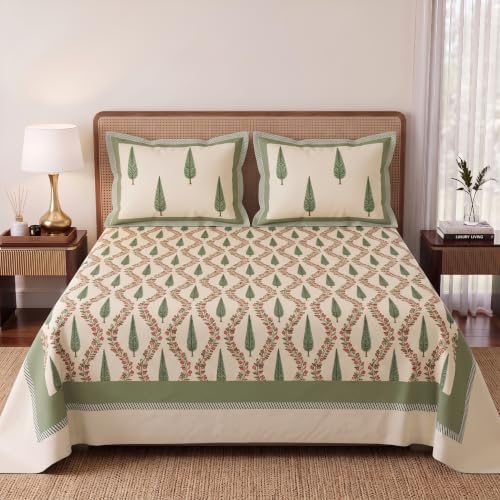 Image of BSB HOME 240 TC Cotton Feel Double Bedsheet with 2 Pillow Covers, Premium Soft Breathable Bed Sheet Set, Fade Resistant, All-Season, Easy Care, 90 x 100 Inches (228 x 254 cm) - Ivory & Olive Green