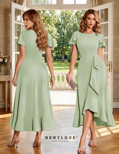 Image of BeryLove Women Formal Party Dress Flutter Short Sleeve Wedding Cocktail Long Evening Dress