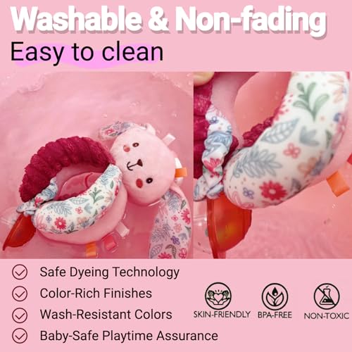 Image of Baby Stroller Hanging Car Seat Toys for Infants 0-6 Months Girl 0-2-3-4-5-7-8-9-10 6-12-18 Month Old Newborn Gifts, Carseat Pink Plush Bunny Travel Toy for Babies Boy Play Gym Rattle Squeaky