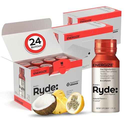 Image of Ryde: Energy Shot, 0 Calories, 0 Sugar, Green Tea Caffeine, Taurine, Ginseng Extract & B Vitamins,2 FL OZ Shots, Tropical Flavor, Boosts energy (24 Pack)