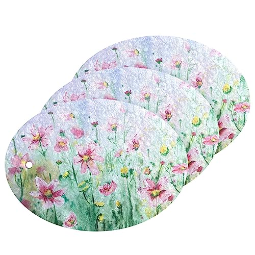 Image of Pink Flowers Field Kitchen Sponges Autumn Spring Summer Floral Cleaning Dish Sponges Non-Scratch Natural Scrubber Sponge for Kitchen Bathroom Cars, pack of 3