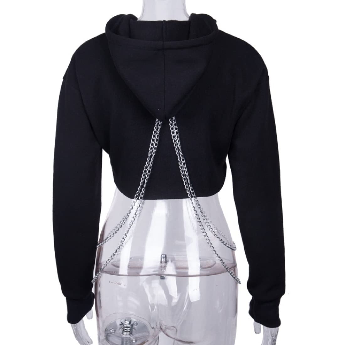 Kapuzenpullover für Damen, Gothic-Stil, reflektierender Druck, bauchfreies Top, Pullover, Sweatshirt, Pullover mit Kette, Gothic-Punk-Kapuzen-Sweatshirt