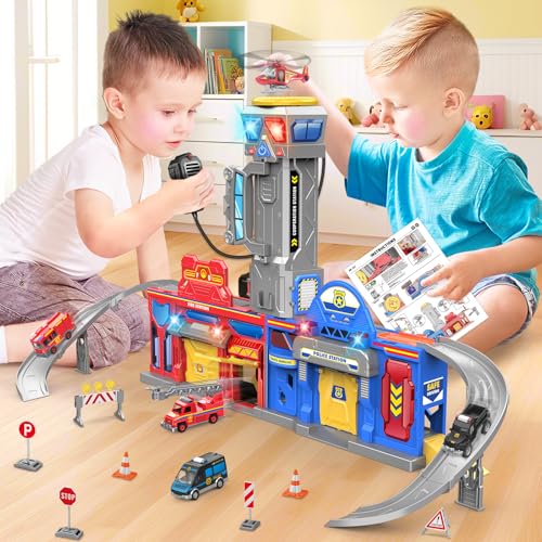 Kids Toys for 3 4 5 6 Years Old Boys, 29.5\'\' Large City Action Toddler Playset with Lights Sounds, Police & Fire Station Transform Track Toy with 4 Cars, Helicopter, Walkie-Talkie, Gifts for Boy Girl