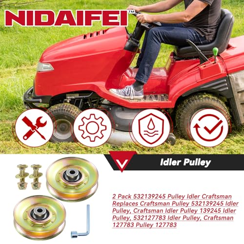 NIDAIFEI 2 Pack 532139245 Idler Pulley with Assembly Tool Kit Replaces Craftsman 139245 139145 127783 532106298 532127783 Pulley Idler Craftsman for Husqvarna LT120 LT131 GT200 YTH150 YTH1842 Mowers
