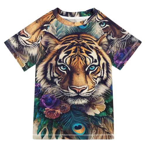 Jucciaco Boys Short Sleeve T-Shirts Tiger Feather Peacock Rashguard Kids Swim Shirts Sun UPF 50+ Multicoloured