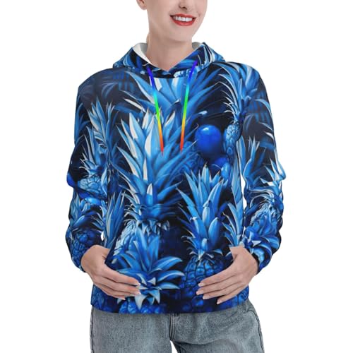 Sweat à capuche femme bleu imprimé ananas avec poche kangourou graphique automne