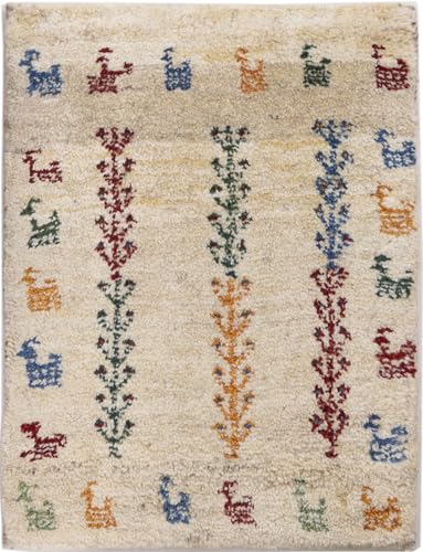 CABBEL Tappeto in lana annodato a mano 40x60 cm – 100% lana naturale – Tappeto per soggiorno e corridoio – design albero colore beige