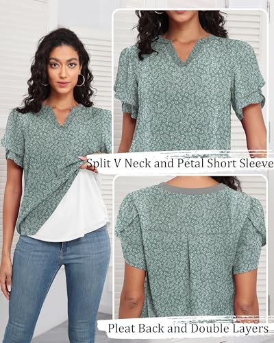 LOUSGUTA Chiffon Blouses for Women Short Sleeve Business Casual Work Chiffon Tops Ruffle Puff Petal Sleeve Shirts V Neck4