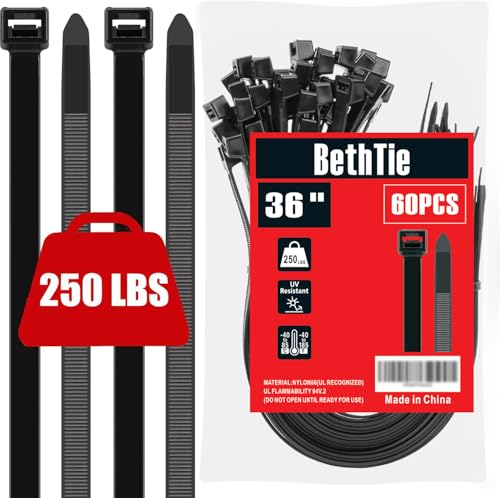 BethTie 36 inch Black Large Zip Ties Heavy Duty 60 PCS 250 LBS Ultra Strong Plastic Wire Ties Large Cable Ties Extra Long Tie Wraps Indoor and Outdoor Use