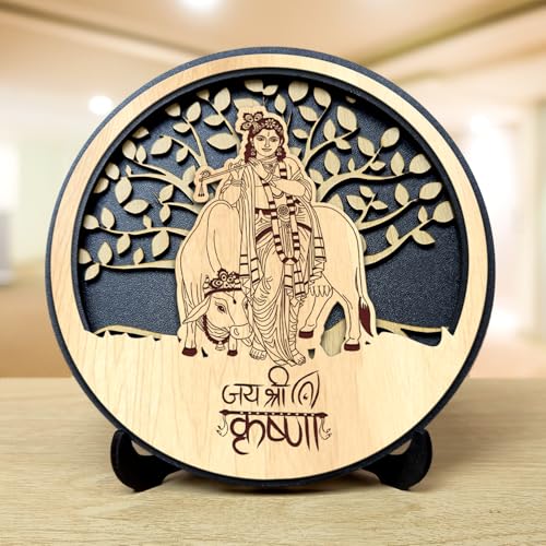 Image of Panchmukhi Hanuman Wooden Idol - Glossy Finish 5x4in | Murti for Car Dashboard & Home Temple | Perfect Small Statue for Door Entrance & Puja | Enhance Spaces (Cow Krishna 1)