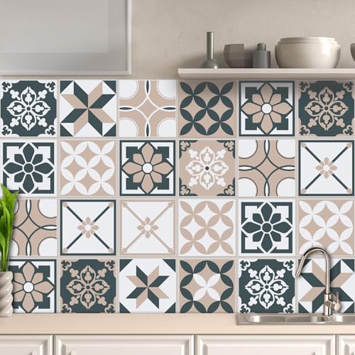 AREDE 32 x Feuilles Mural Stickers Carrelage 2D Imperméables Carreau de Ciment Adhesif, Autocollants Carreaux Dosseret pour Cuisine, Salle de Bain la...