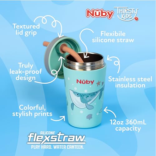 Image of Nuby Thirsty Kids Flexstraw Stainless Steel Insulated Toddler Cup - 12 oz | Leak-Resistant Silicone Straw - Easy-Clean Valve and Capacity - Travel Cup - Ocean