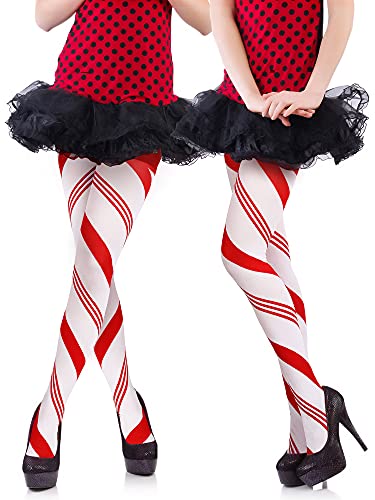 SATINIOR 2 Pairs Women Christmas Tights Full Length Red White Striped Candy Cane Tights Xmas Tree High Stocking Leggings(Red White Candy Cane)