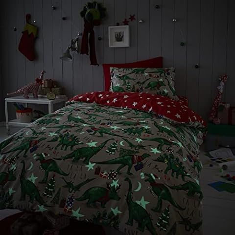 Happy Linen Company Girls Boys Kids Christmas Dinosaur Glow In The Dark Taupe Natural Double Reversible Duvet Cover Bedding Set Cover