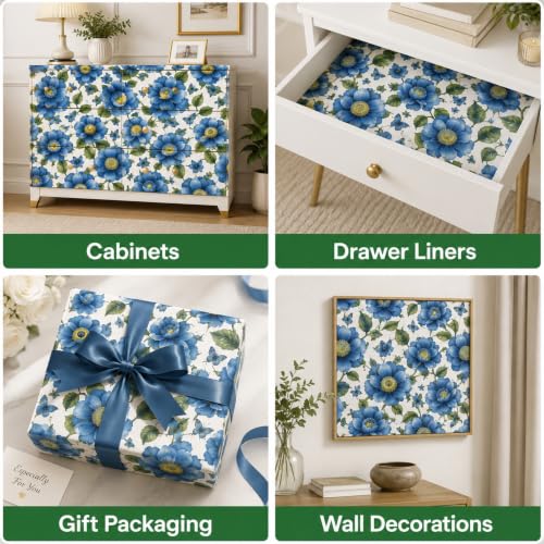 Image of Blue Floral Botanical Peel and Stick Wallpaper - Vintage Flower & Butterfly Self Adhesive Wallpaper Roll for Bedroom, Living Room, Kitchen, Furniture, Cabinets & Home Decor