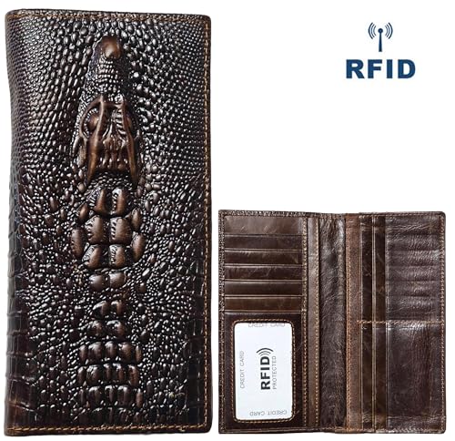 Genuine Leather Bifold Long Wallet for Men, Retro Vintage Embossed Clutch with Zipped Coin purse & Credit card Slots. RFID Blocking. Crocodile Head- Coffee2