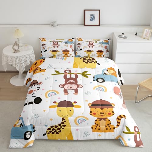 Image of Feelyou Rainbow Giraffe Comforter for Kids Full Size Tiger Monkey Comforter Set Boys Girls Cartoon Rainbow Comforter Kawaii Duvet Insert Bed Set 3Pcs