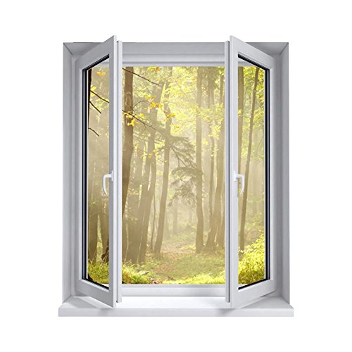 Stickers trompe l'oeil fenêtre Forêt matinale - L 92cm x H 110cm