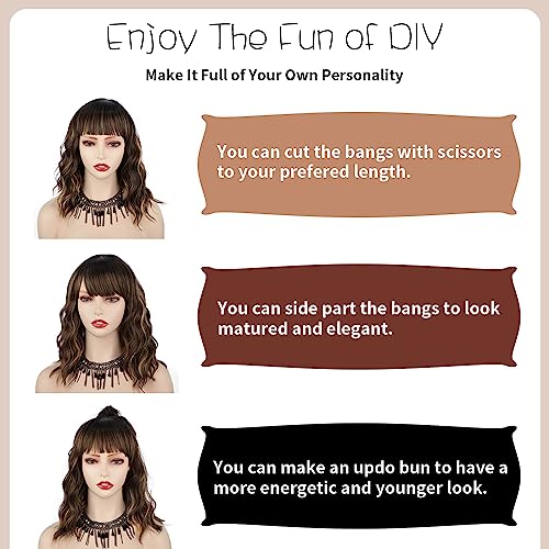 Image of AISI HAIR Synthetic Curly Bob Wig with Bangs Natural Brown with Blonde Highlight Short Wavy Hair for Women Natural Looking Heat Resistant Bob Wigs