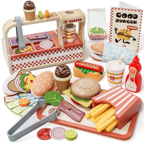 Lehoo Castle Cocinita Infantil, Cocina Juguete de Madera, Juego de Comida de Hamburguesa, Accesorios Cocina Juguetes, Juguetes Educativos para Niños 3 4 5 6 Niños y Niñas