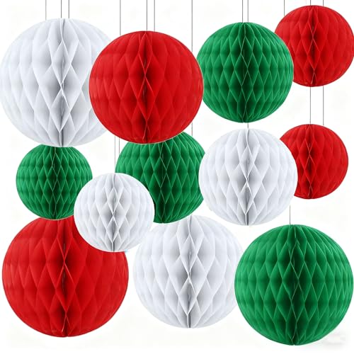 Capesaro Lot de 12 boules à suspendre en nid d'abeille vertes, rouges, blanches, décorations de fête à thème, en papier, pompons, fleurs pour fête...