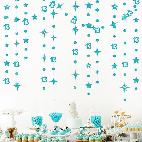 Image of Teal Blue 13th Birthday Decorations Number 13 Circle Dot Star Garland Glitter Streamer Banner Backdrop for Girls Boys Official Teenager Cheers to 13 Years Old Birthday 13th Anniversary Party Supplies