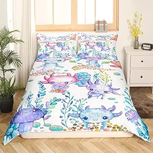 Sunnybed Cartoon Axolotl Trösterbezug für Kinder Jungen Mädchen Kleinkinder, Kawaii Bettwäsche Set Ocean Sealife Reptilien Fisch Bettbezug Süße Seegras Küsten Tagesdecke Reißverschluss, 135×200, Lila