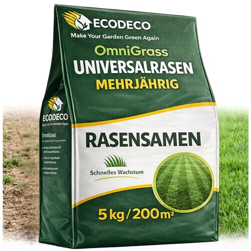 Rasensamen Universal 5kg für 200 m Grassamen & Schattenrasen Samen mit 50% Weidelgras Schnelle Regeneration für Trockenrasen Sport und Spielrasen