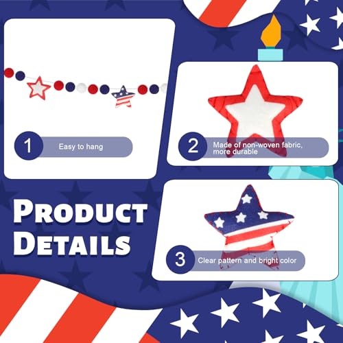 Image of 4th of July Garland with Felt Balls Stars 8.2 FT, Red White and Blue American Flag Colors Beaded Decor, Rustic Patriotic Decor for Shelf Display, Fireplace, Wall (Star)