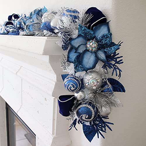 5ft Handcrafted Premium Christmas Garland Lux Blue Silver - Unlit, Artificial for Stairs Railing, Banister, Staircase, Fireplace HOLIDAY TREE