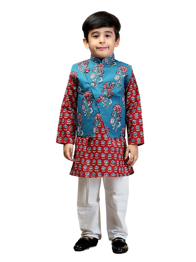 Image of The Mom Store Boys Printed Cotton Kurta Pajama Set With Jacket | Soft And Comfortable Ethnic Wear For Baby /Kids Boys | Full Sleeves Kurta Pyjama Set | Traditional Indian Outfit