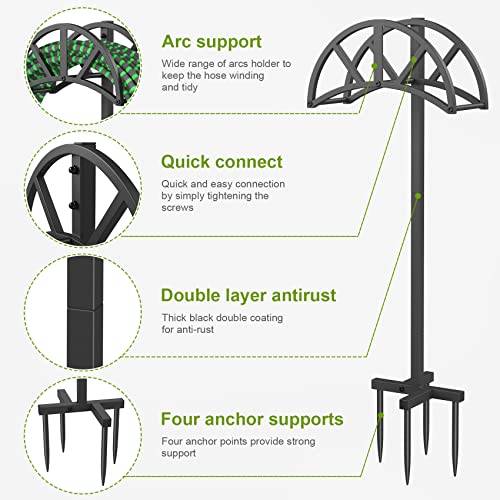 Mr IRONSTONE Garden Hose Holder,4 Spikes Water Hose Holder Holds 125-feet Hose,Freestanding Hose Stand Made of Heavy Duty Steel,Expandable Garden Hose for Outside Yard Lawn, Black