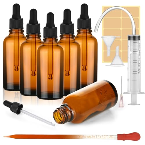 AYBUY Juego de Frascos Cuentagotas de Vidrio Ámbar, 6 Piezas 50ml Ambar Frasco Cuentagotas Cristal, Goteros Botellas para Aceite Esencial Masaje Fragancia Aromaterapia Laboratorio