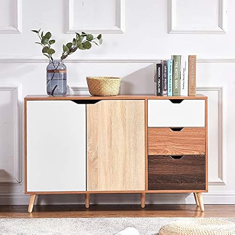 BonChoice Modern Buffet 2 Doors 3 Drawers Sideboard Storage Cabinet for Kitchen, Living Room, Home Cupboard Orgainzer Unit with Shelf Wooden Multipurpose (2 Doors 3 Drawers Assorted Colors) Cover