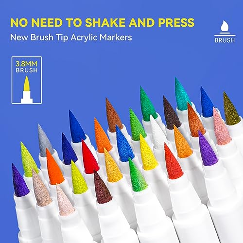 Image of Arrtx Acrylic Paint Pens 30B Colors Brush Tip Acrylic Pens Markers for Rock Painting Wood Ceramic Glass Canvas Metal Plastic Fabric Stone & DIY Project,Multi-Coloured