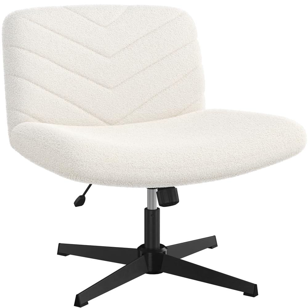 Yaheetech Silla de Oficina sin Reudas, Silla Piernas Cruzadas con Función Mecedora, Ancha Sila de Escritorio para Juegos, Silla de Maquillaje sin Brazos para Casa, Marfil