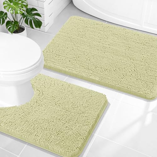Image of OLANLY Bathroom Rugs Sets 2 Piece, Soft Absorbent Chenille Bath Mats and U-Shaped Contour Toilet Mat Area Rug Set, Machine Washable Bath Carpet, Home Decor Accessories(30 inchx20 inch+24 inchx20 inch, Vanilla)