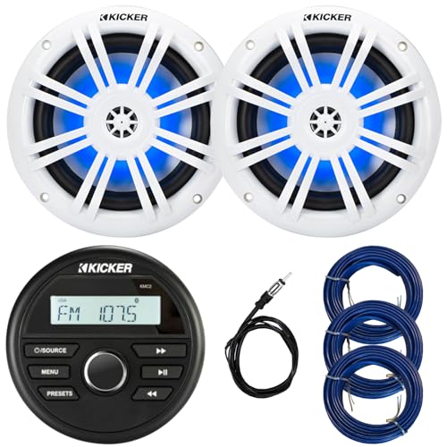 Kicker 46KMC2 All-Weather Marine Bluetooth USB/AUX AM/FM Gauge Style Media Center Receiver, 2X 6.5 150W Max Power RGB LED Boat Coaxial Speakers, 22
