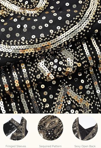 Image of 868A - Plus Size 1920s Vintage Fringed Gatsby Sequin Cold Shoulder Tassels Flapper Party Cocktail Dress with Accessories