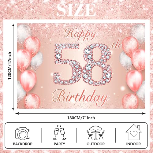 Image of Happy 58th Birthday Rose Gold Banner Cheers to 58 Years Old Backdrop Confetti Balloons Theme Decor for Women 58 Years Old Pink Birthday Party Decorations Bday Supplies Background Favors Gift Glitter