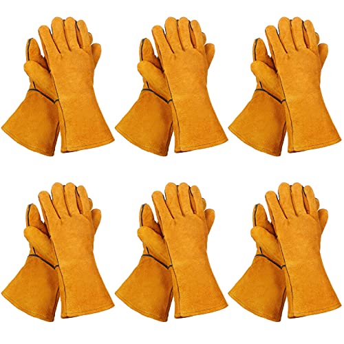 Bonuci 6 Pairs Cowhide Split Leather Welding Gloves Heat Resistant Forge Welding Gloves Rigger Gloves Warehouse Heavy Duty Animal Handling Glove Yardwork