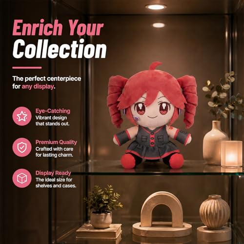 Image of Collectible Pink Drill Twin Tail Girl Plush 22cm, Cute Anime Plush Character with 3D Twin-Drill Hair, Red and Black Outfit Figure Stuffed, Soft Anime Plushie Pillow Gift for Fans & Collectors