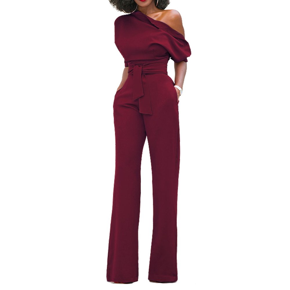 Womens Sexy One Off Shoulder Jumpsuits Belted Loose Long Wide Leg Jumpsuit Romper