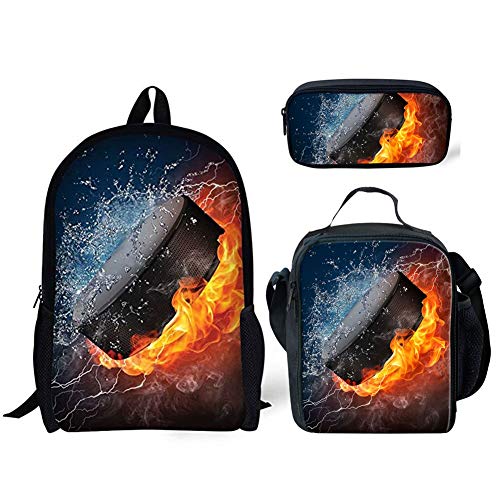 Hugs Idea hübsches Tiermuster 38,1 cm Teenager-Rucksack Set Jungen Schultaschen Büchertaschen 3-in-1 Federmäppchen mit Lunchbox Eishockey 15 inch (3PCS Set) Cover