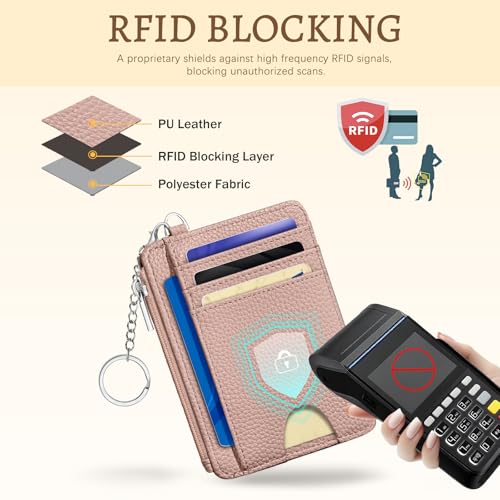 Image of Kelvoris Cute Credit Card Holder Small Wallet Women, Minimalist Slim RFID Blocking Wallet Woman Keychain with Zipper Coin Pocket, Front Pocket Thin Travel Card Case Organizer ID Window Ladies Gifts