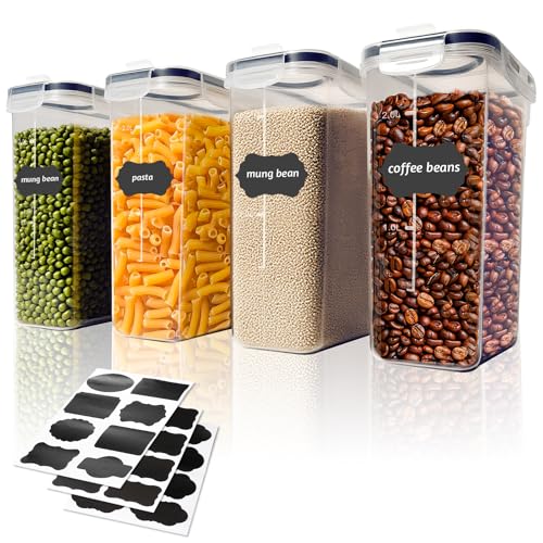 Romon Boite Rangement Cuisine, 2.5L Boite Hermetique Alimentaire, 4 Boîtes Alimentaires Plastique Sans BPA avec Couvercles, Bocaux de Organisation avec 24 Étiquette pour Céréales Farine Aliments Secs