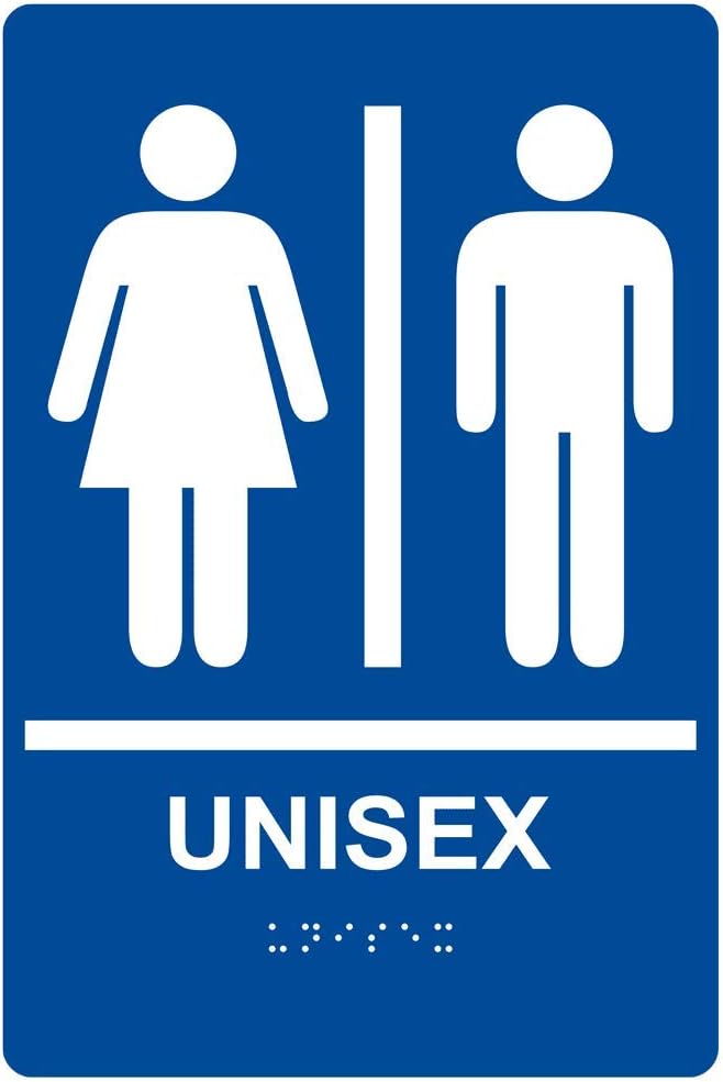 ComplianceSigns.com Unisex Restroom Sign, ADA-Compliant Braille and Raised Letters, 9x6 in. White on Blue Acrylic with Adhesive Mounting Strips